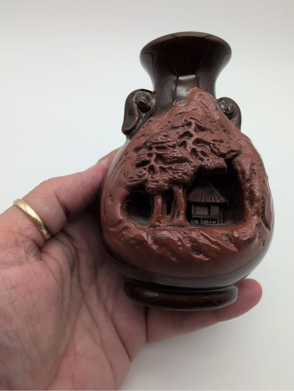 Banko Ware Japanese Pottery Intricately Carved Landscape House Miniature Vase 4